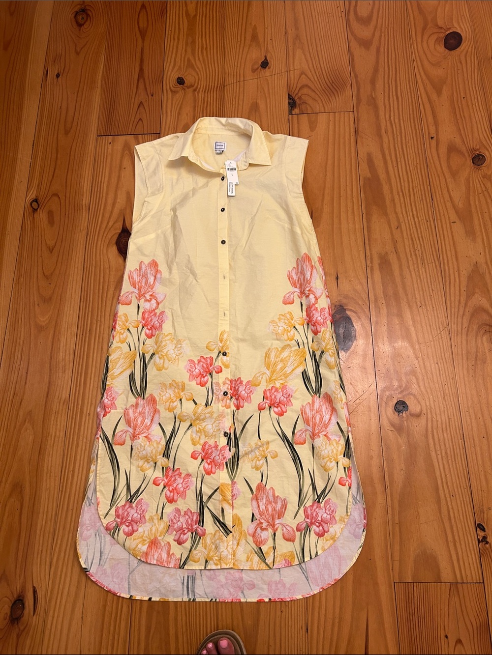 Anthropologie Yellow Maxi Shirt Dress with Pink Floral Border